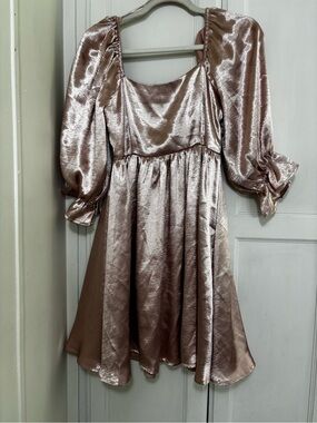 Entro Metallic Rose-Gold Puff Sleeve Party Dress